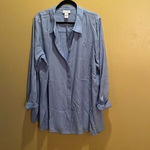 Soft Surroundings Shirt 2X Blue Button Front Tunic Blouse Trapeze Fit Rayon Top